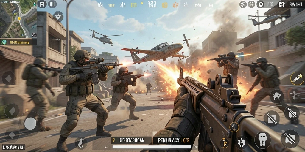 Screenshot gameplay F7F7 memperlihatkan aksi tembak-menembak yang seru.