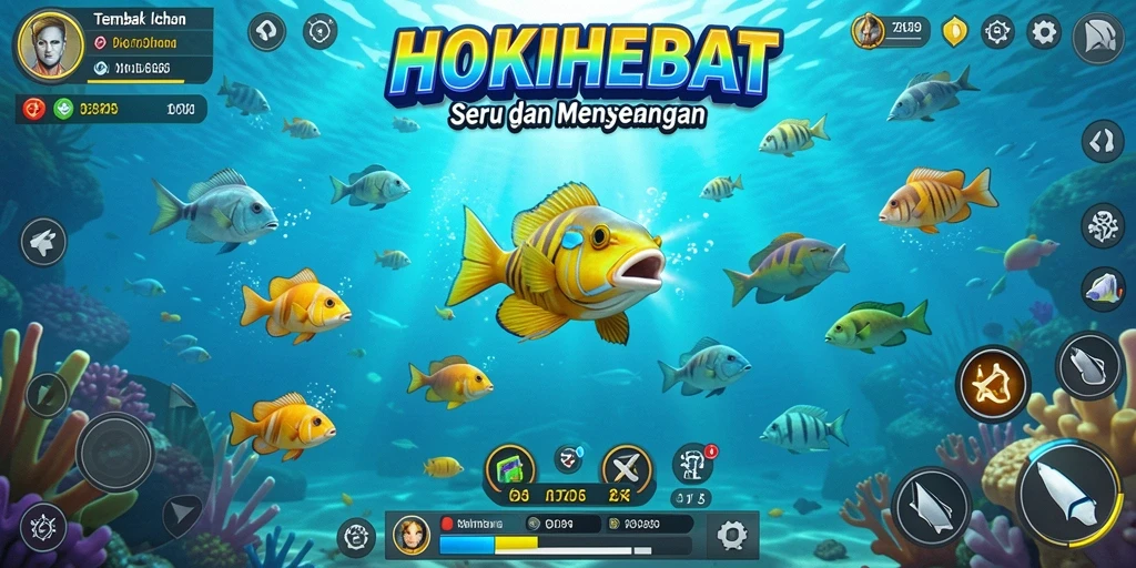Tampilan gameplay HOKIHEBAT yang mendebarkan dengan berbagai ikan untuk ditangkap.