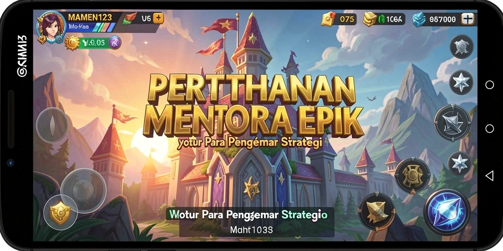 Tangkapan layar gameplay MAMEN123 menampilkan menara dan musuh yang terlibat dalam pertarungan.