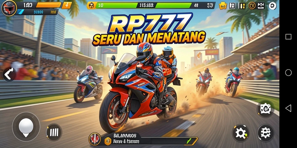 Screenshot utama RP777 menampilkan aksi balapan motor yang seru.