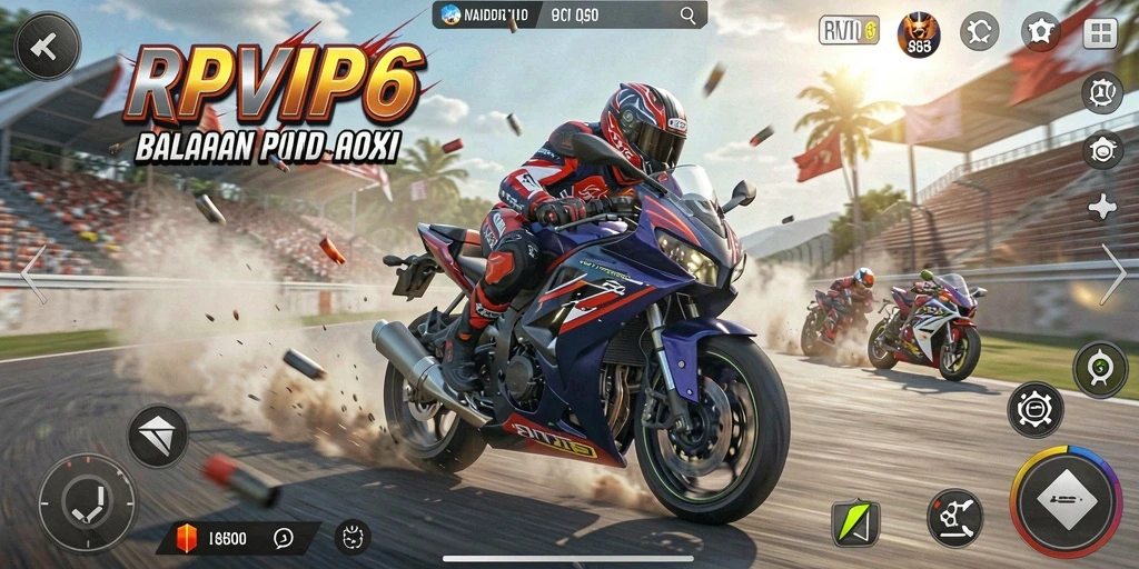 Screenshot utama RPVIP6 menampilkan aksi balap motor yang mendebarkan.