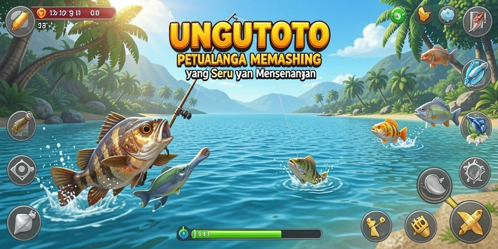 Screenshot gameplay UNGUTOTO menampilkan pemandangan memancing yang menakjubkan.